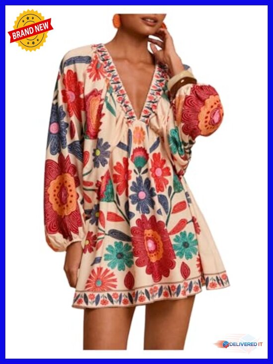 Dresses & Skirts - Women's Boho Floral V Neck Mini Dress Long Bishop Sleeve Tie Back Tropical